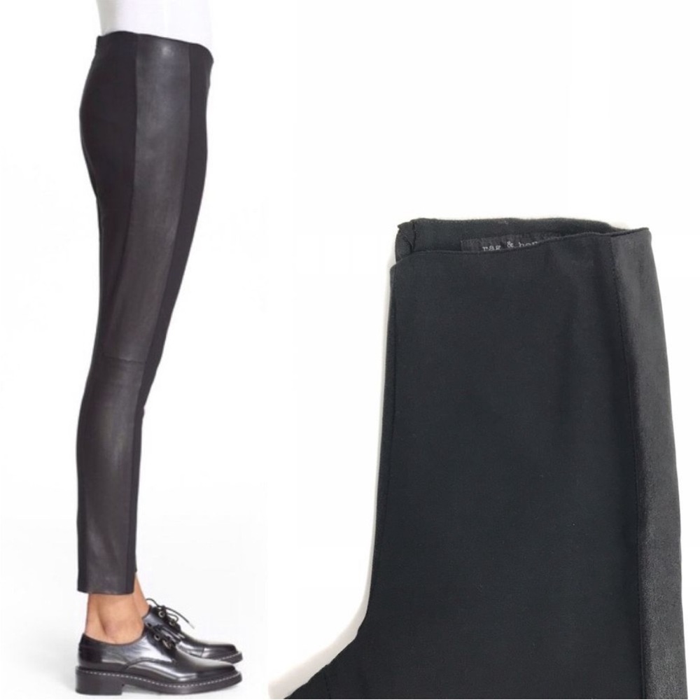 Rag & Bone Dani Black Lamb Leather Striped Ponte Trouser Pant Size 6